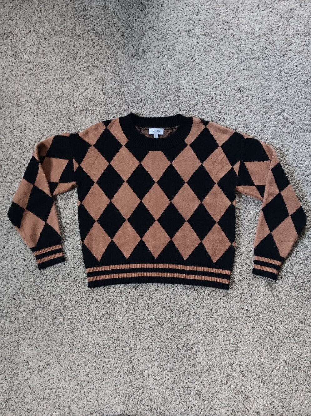 Evereve Harlequin Diamond Sweater Brown Black Preppy Medium Chappell Roan Core